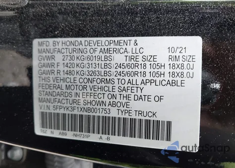 2022 Honda Ridgeline Sport from USA, damaged, VIN 5FPYK3F1CNB001753